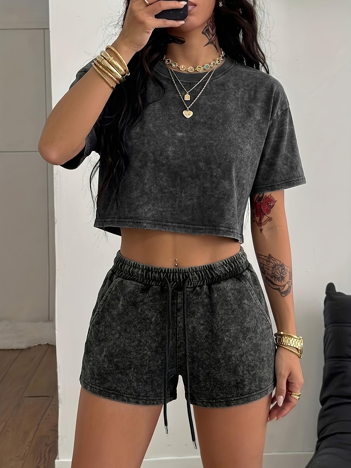Multi-Color Washed Crop Two-Piece Set, Relaxed Chic Casual Style Fit, Vintage Short Top + Shorts, Perfect Lazy Dressing, Clothes