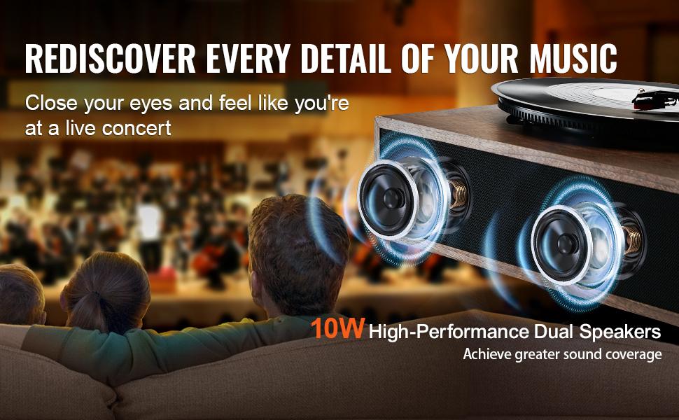 VEVOR Vinyl Record Player, 3-Speed, Belt Driven Turntable Player with Built-in 10W Stereo Speakers Magnetic Cartridge, Support 33/45/78 RPM Bluetooth Aux in RCA Output, for 7/10/12 in Vinyl Records