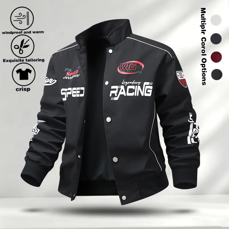 Spring and Autumn new men's racing style stand up collar jacket, American letter printed motorcycle jacket, trendy contrasting color windproof top, available in multiple colors