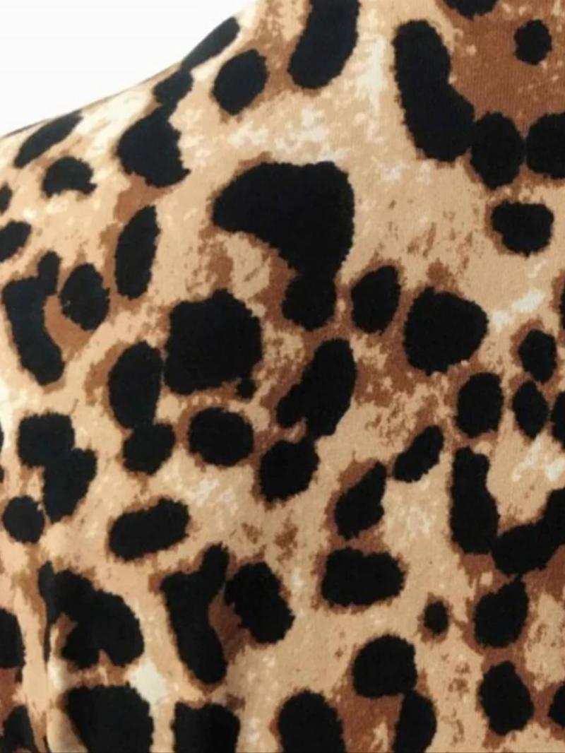 Women's Fashion Leopard Print Knit Elastic Casual Long Sleeve Coat Crop Top Long Pants Three Piece Set, Stylish and Comfortable