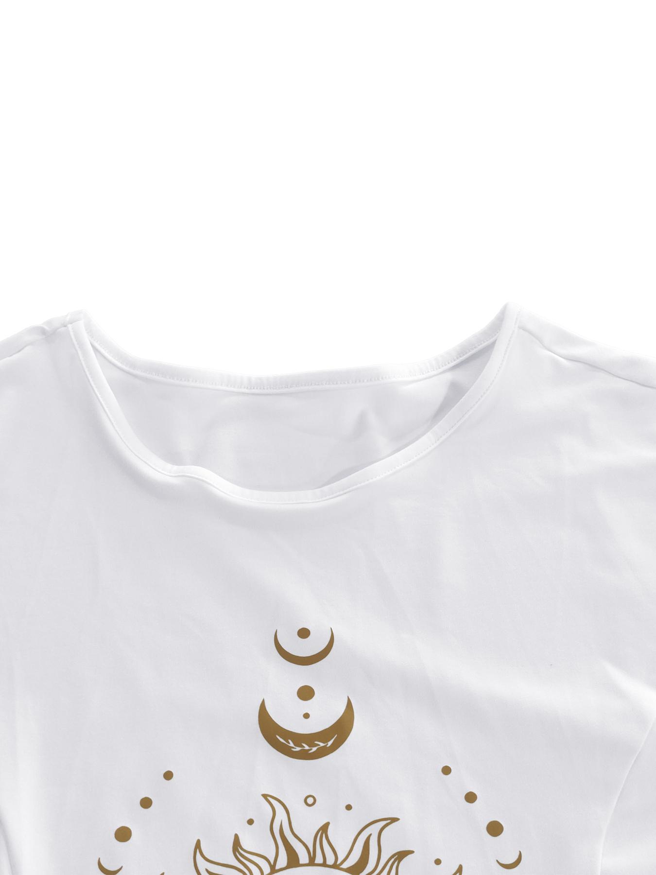 Plus Size Moon & Sun Print Asymmetrical Hem Graphic Dress, Casual Long Sleeve Round Neck Dress for Summer, Women's Plus Clothing for Daily Wear, Womenswear