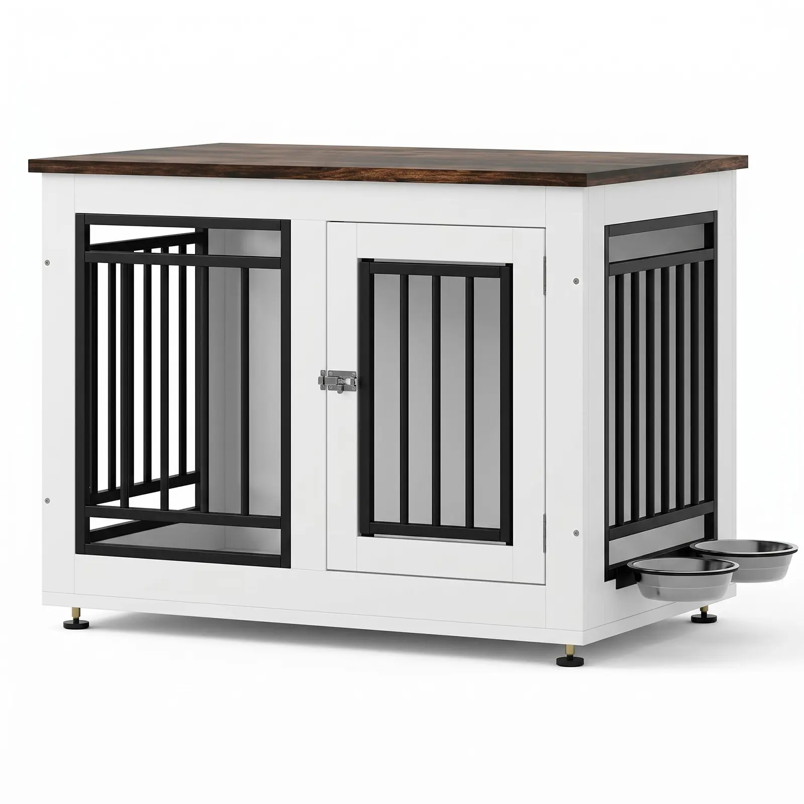 Dog Crate Furniture End Table - Wooden Indoor Dog Kennel, Heavy-Duty Metal Frame - 360° Rotating Stainless Steel Bowls, Removable Tray - Rustic Modern Side Table for Small/Medium Dogs