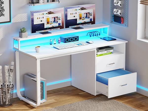 DWVO Computer Desk with Drawers, 55" Office Desk with Power Outlets & LED Light, Home Office Desk with Storage Shelves