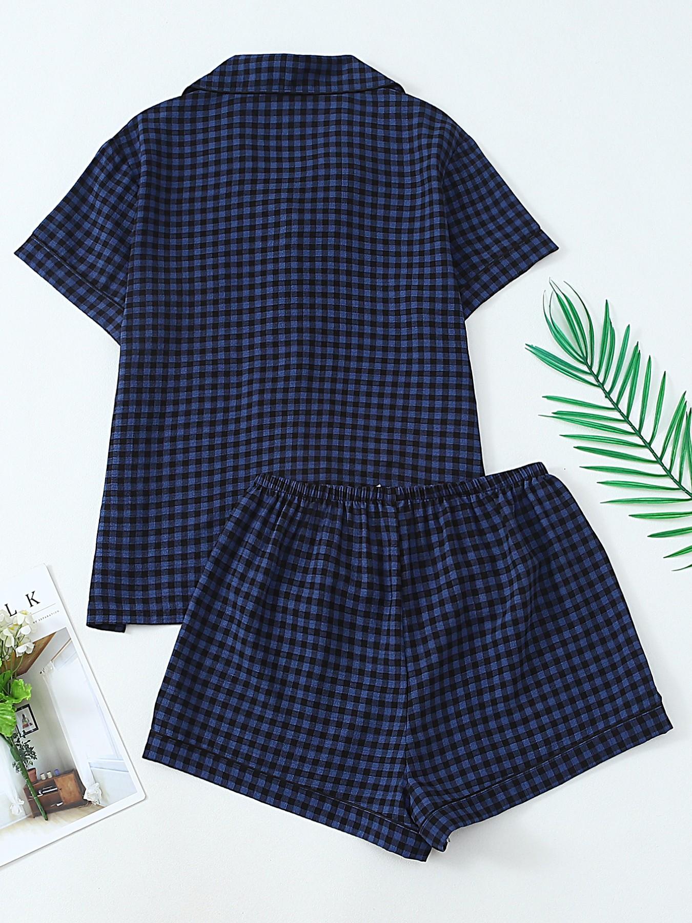 Women's Short Sleeve Button Down Top and Shorts Pajama Set, Spring Summer Wear, For Retro British Style Girls, Blue Black Gingham Print, Classic Lapel Collar, Loose Fit, Comfortable For Home & Short Trips