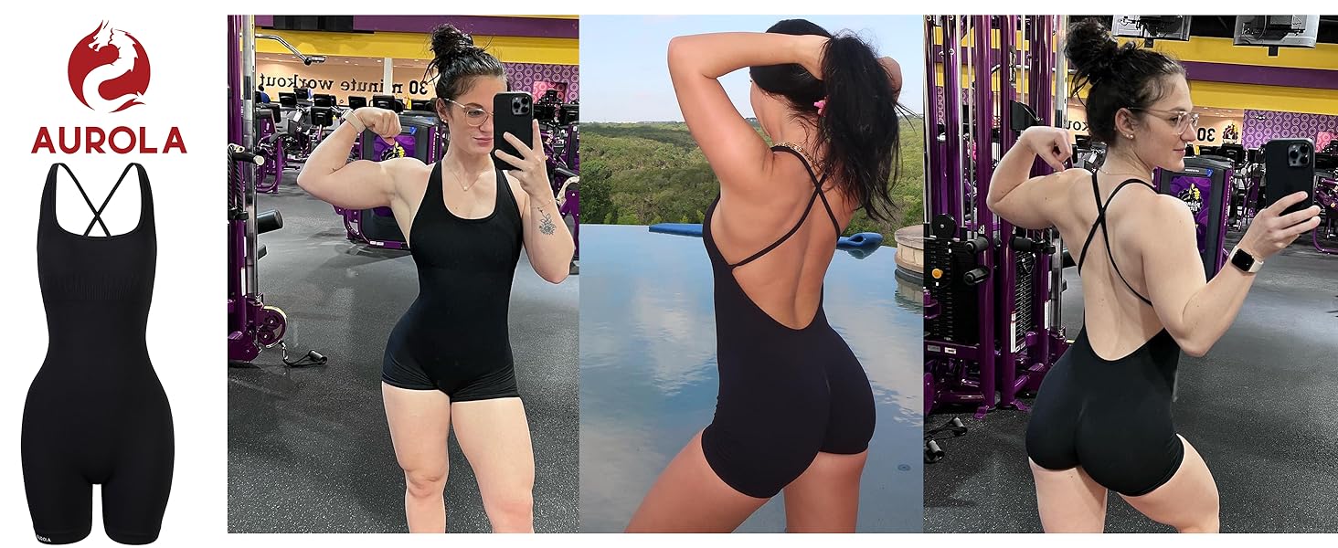 AUROLA Strapy Romper for Women Workout Yoga Gym Seamless One Piece Jumpsuit Tummy Control Padded Sports One Piece Bodysuits