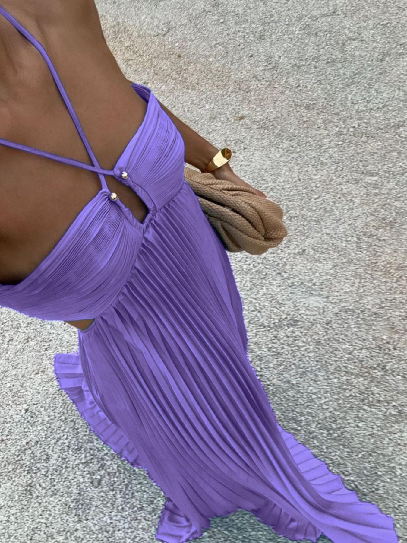 Women's Pleated Halter Neck Sleeveless Maxi Dress with Adjustable Strap, High-Waist Backless A-Line Dress with Back Tie, Elegant Aesthetic Solid Summer Dress