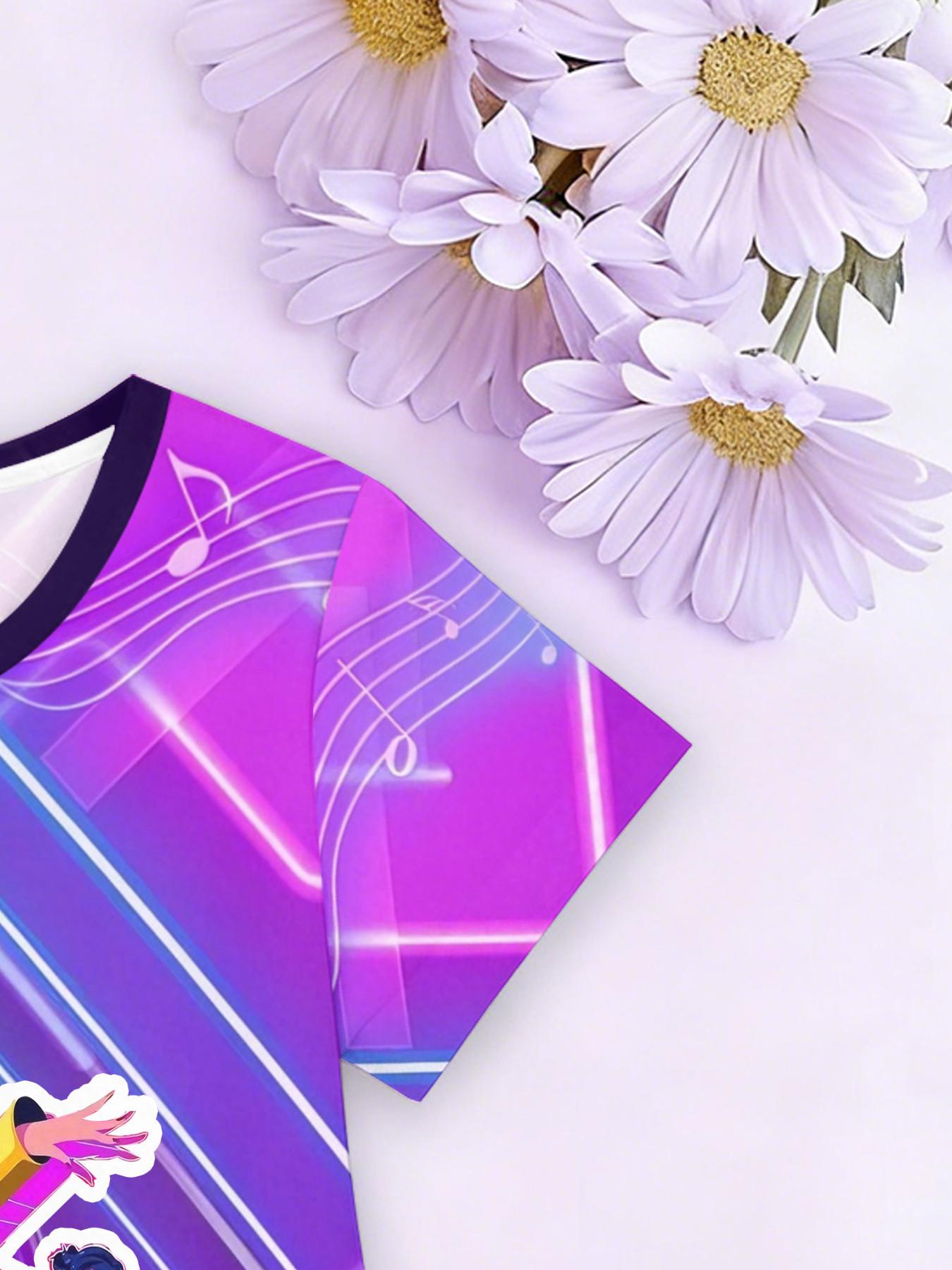 Girls' 3D Short Sleeve Dress, Neon Kda Full Print Summer Dress, Perfect for Parties, Festivals, Gifts, Birthday Presents