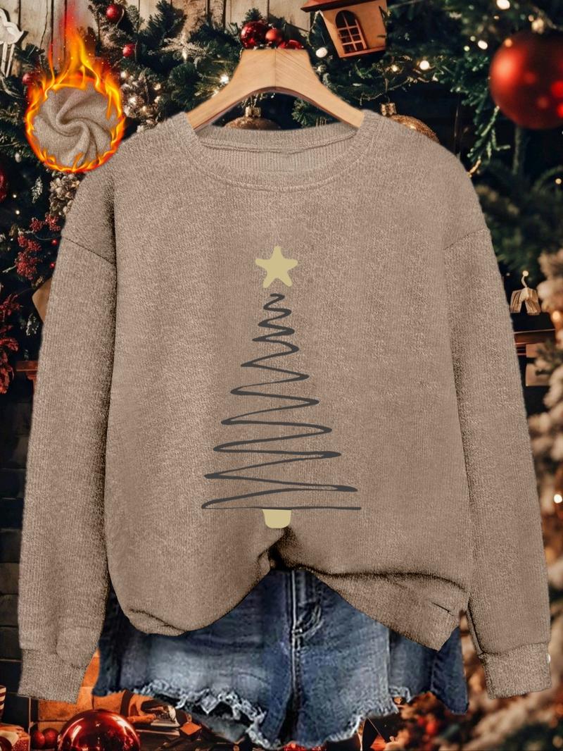 [Autumn and Winter] Women's casual and fashionable round neck faux sweater tops, women's Halloween round neck faux sweater tops, Christmas line Christmas tree print comfortable round neck faux sweater tops