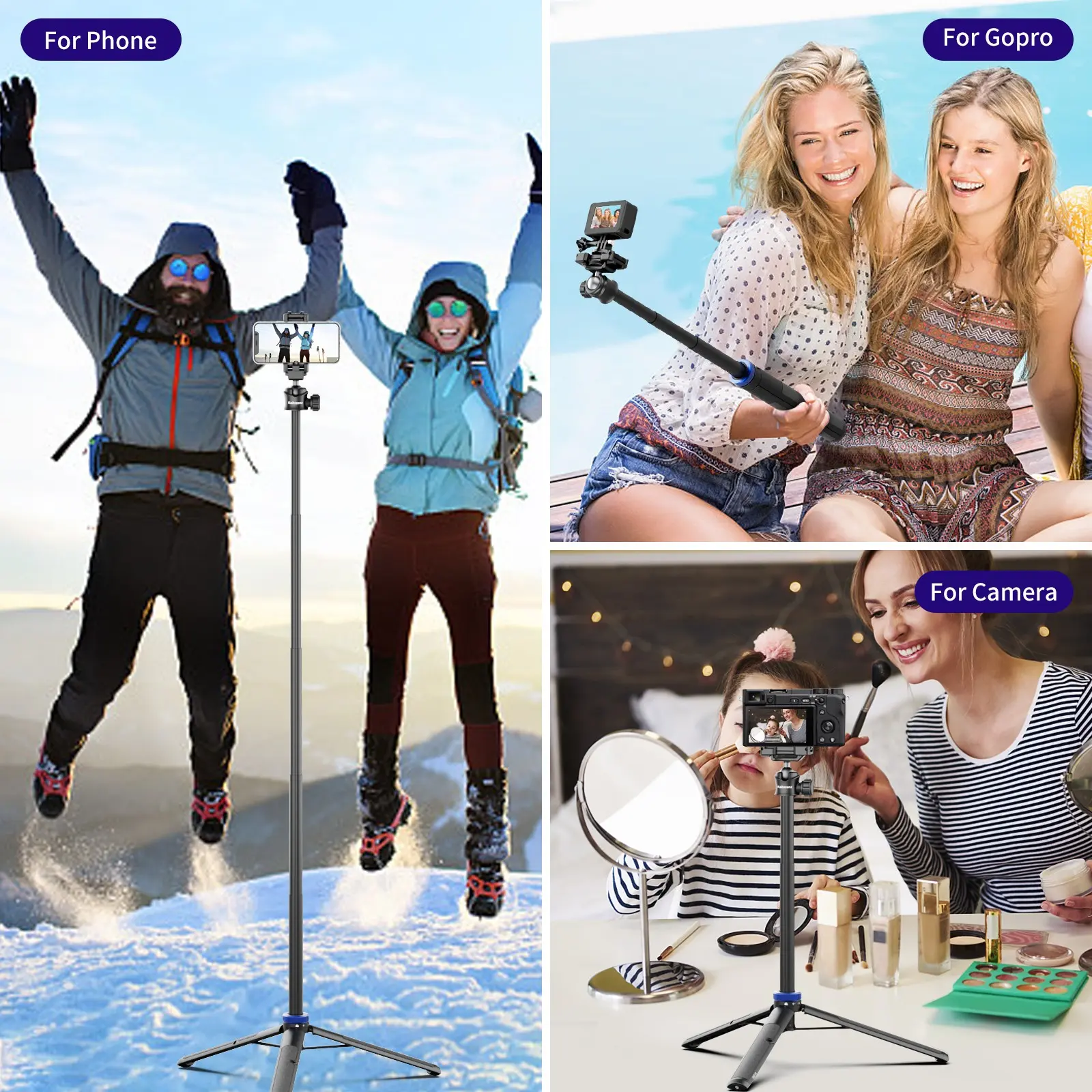 Kaitezenz Selfie Stick Tripod for Gopro Camera, 64 Inch Extendable Stand, 360° Ball Head, Lightweight Portable, Compatible with Dji Osmo Action
