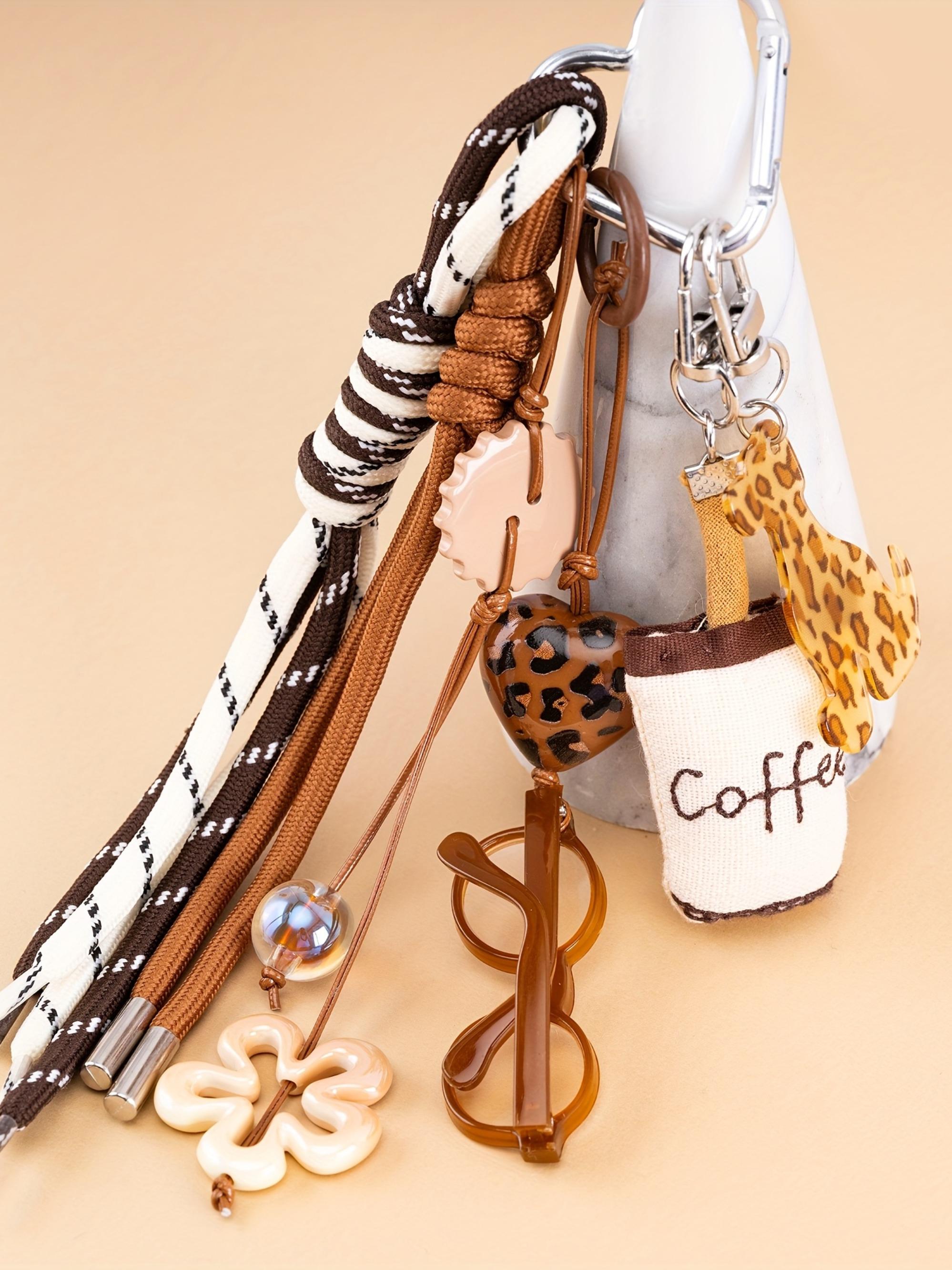 Luxury 2D Eyes Glasses Keychain,Coffee Brown Leopard Print Dog Key Bag Charm Coffee Cup Pendant Heart Flower Beaded Charms Braided Rope Fabric Coffee Cup Keychain Lanyard for Men Women Keys,Backpack Keyring Decoration Ornaments Purse Charms Accessories
