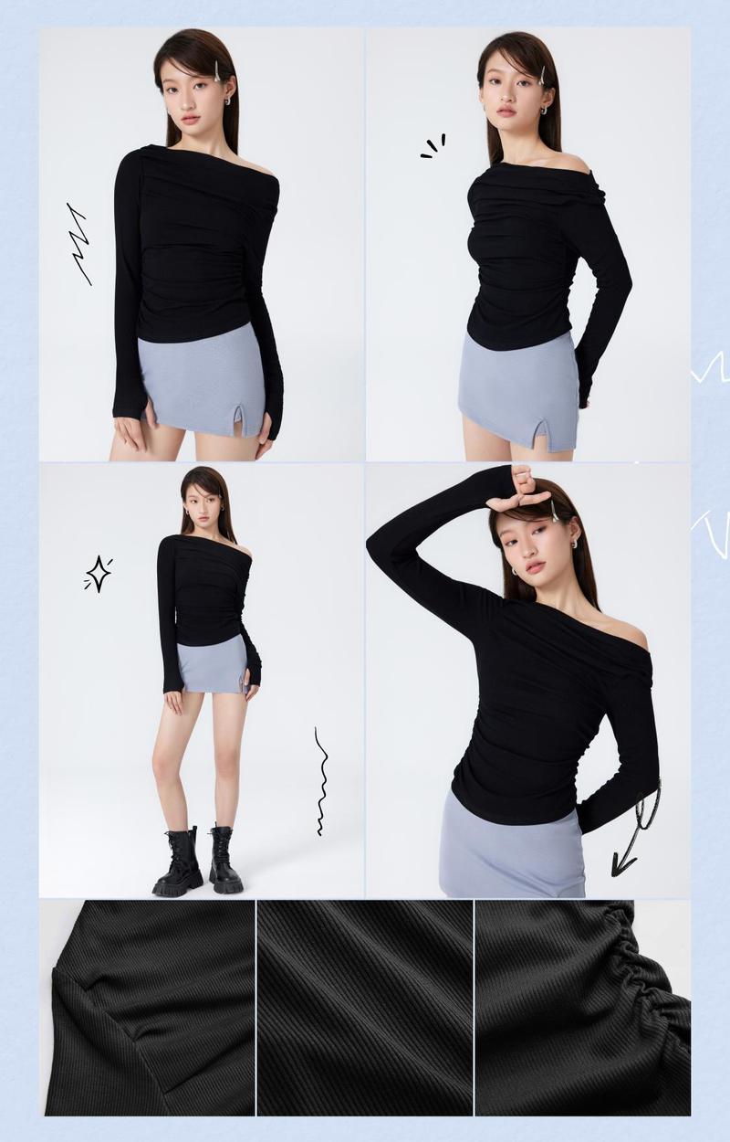 [10 colors, size 0-26]Solid Asymmetrical Neck Long Sleeve Top, High Stretch Off-shoulder Ruched Top for Work & Date