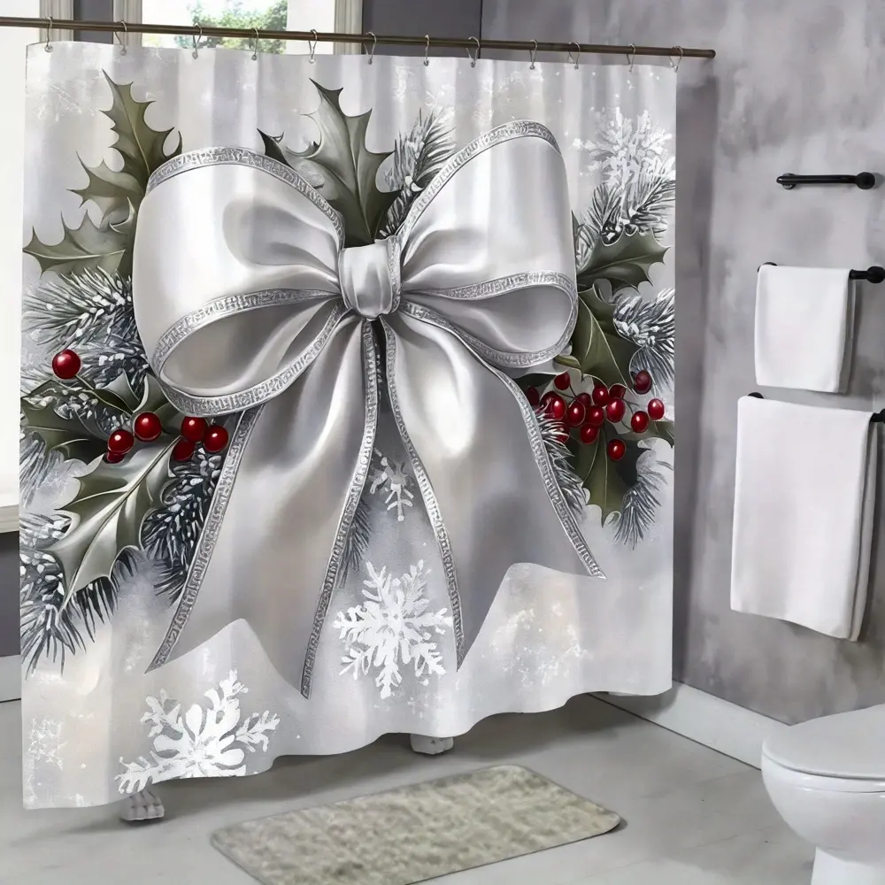 Stylish Winter-Themed Shower Curtain Featuring a White Satin Bow, Holly Leaves, And Red Berries, Adorned with a Snowflake Pattern.Made from Machine Washable Polyester