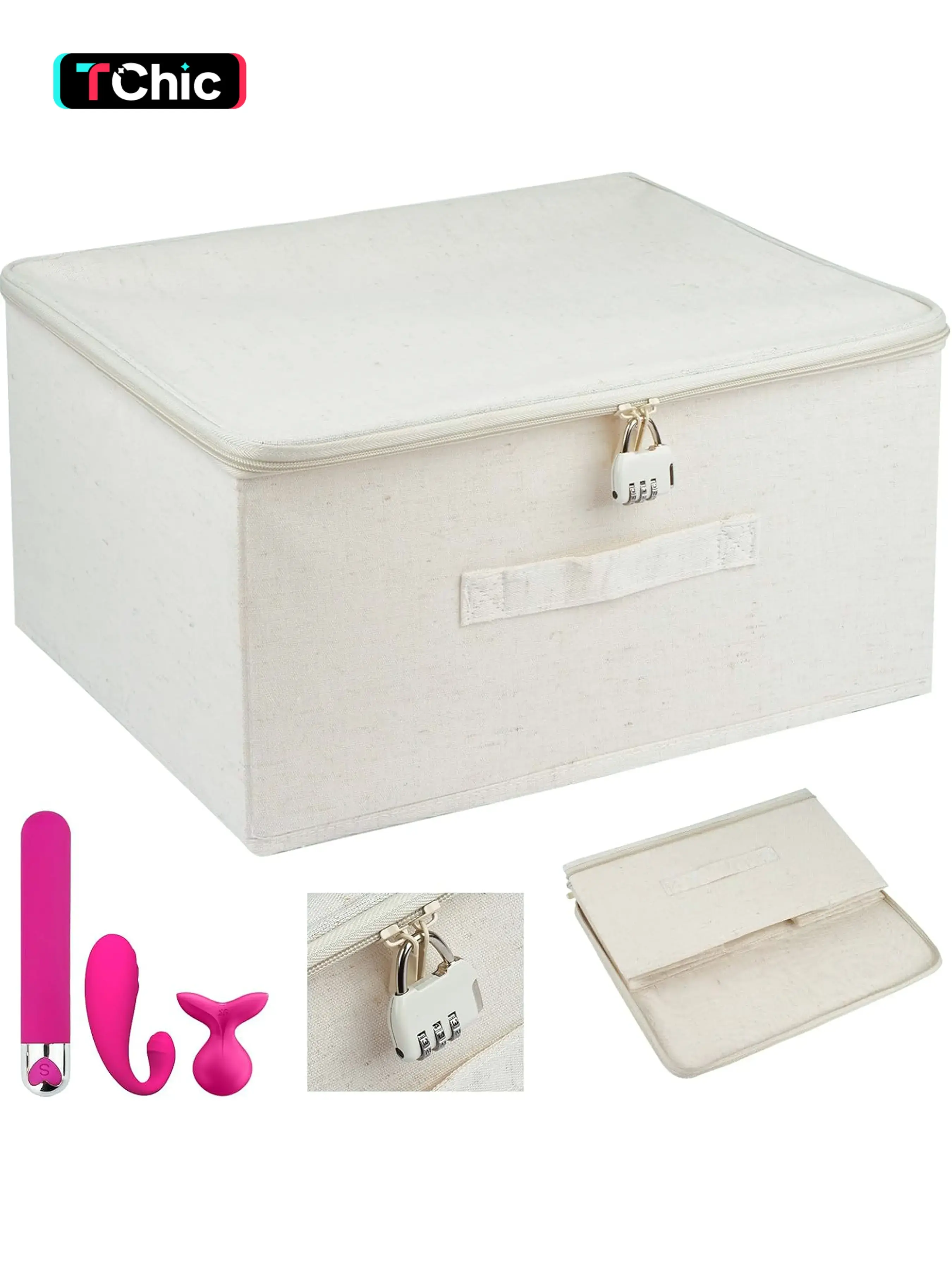 Lockable Adult Toy Bag Storage Organizer, Beige Toy Bag Storage Bins with Zipper Lid, 15 x 10.2 x 6.3 Inches Toy Storage Organizer Case for Women and Men Clothes Container, Lidded Storage Container, Lockable organizers
