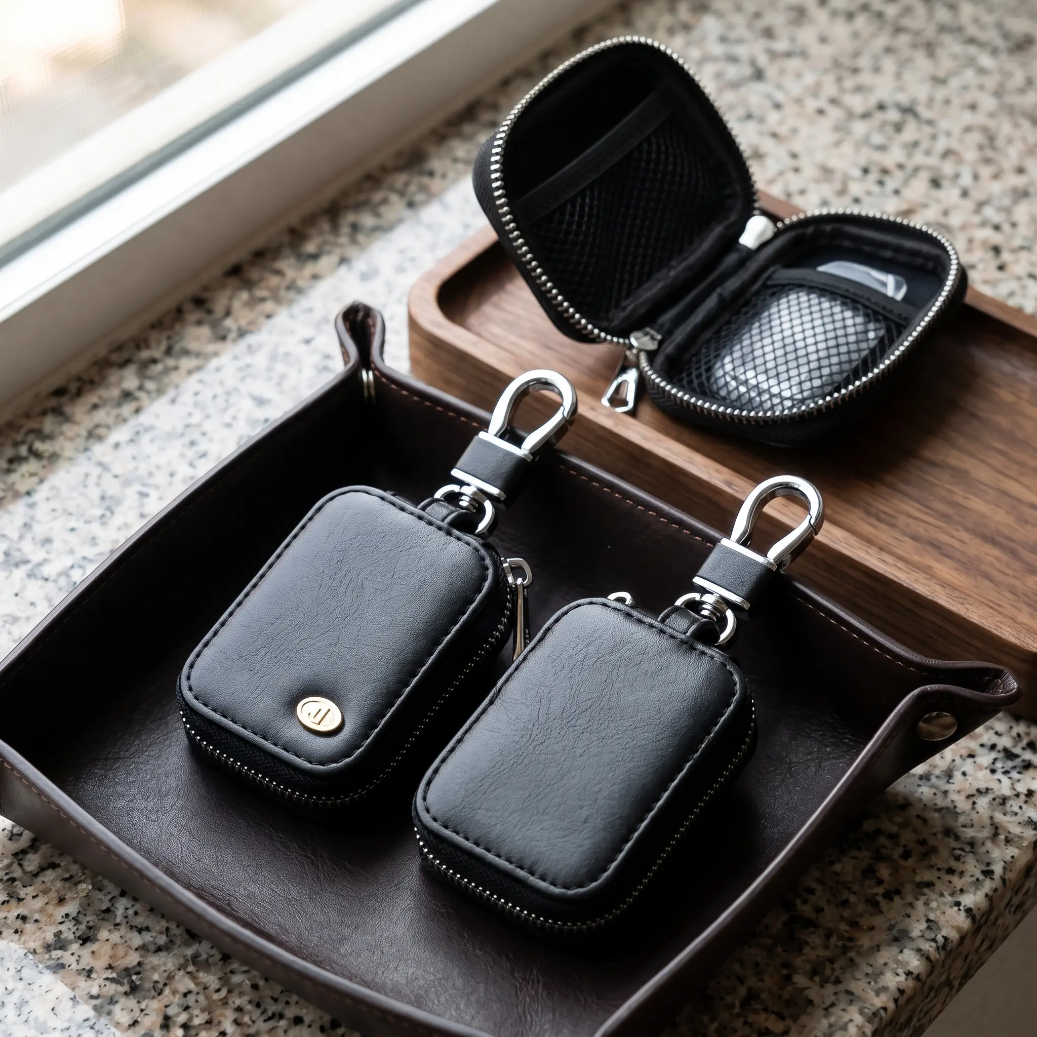 Square Water-Proof PU Leather Earbud Storage Case with Metal Clip & Keychain, Portable Zipper Pouch for AirPods Series, Wireless Earbuds & Charging Cables, Mini Travel Gym Protection Organizer