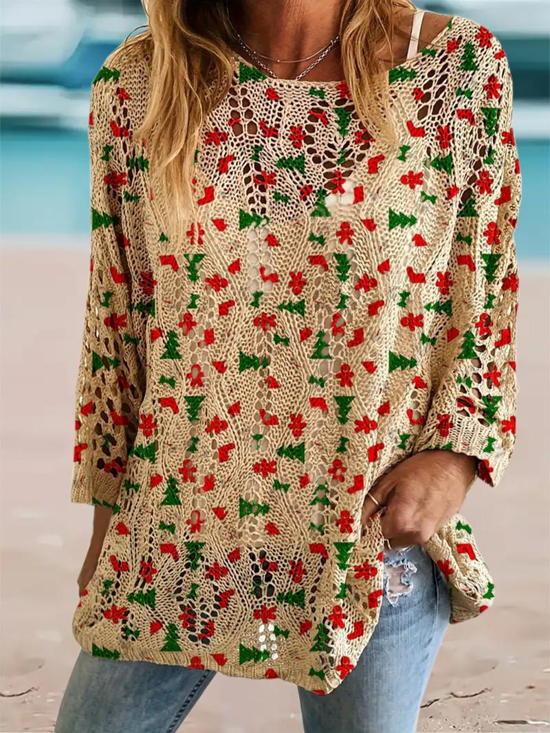 Women's Christmas Tree Print Long Sleeve Knit Top, Casual Elegant Vacation Style Sweater, Loose Batwing Shoulders, Spring Fall Clothing