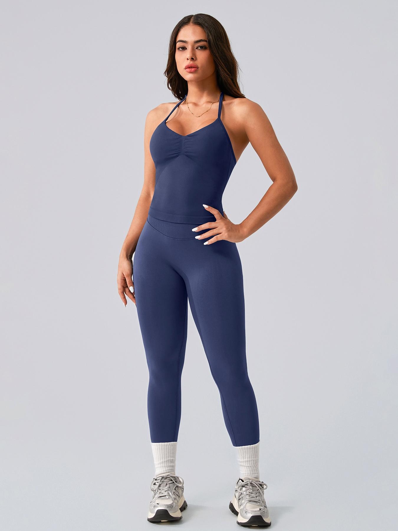 Women's High Waist Backless Tank Top & Tight Long Pants Set, Lightweight Compression Activewear, Breathable Yoga Gym Workout Cycling Running Golf Tennis Sports Wear