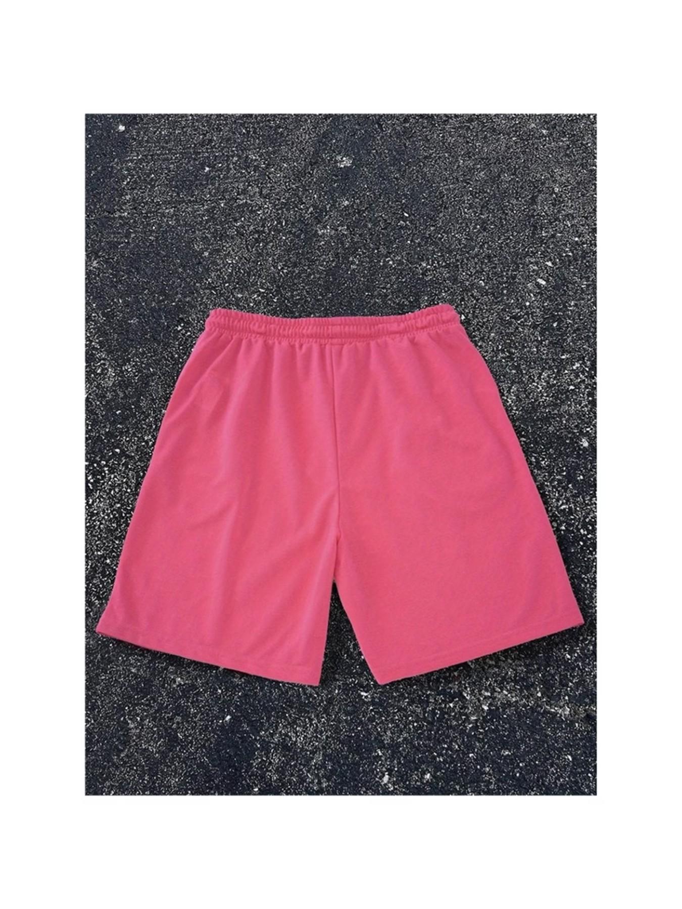Men's casual shorts, letter flame print - bright pink, white letter flame pattern, elastic waistband, comfortable regular fit, suitable for casual wear, comfortable swim trunks | bright pink swim trunks