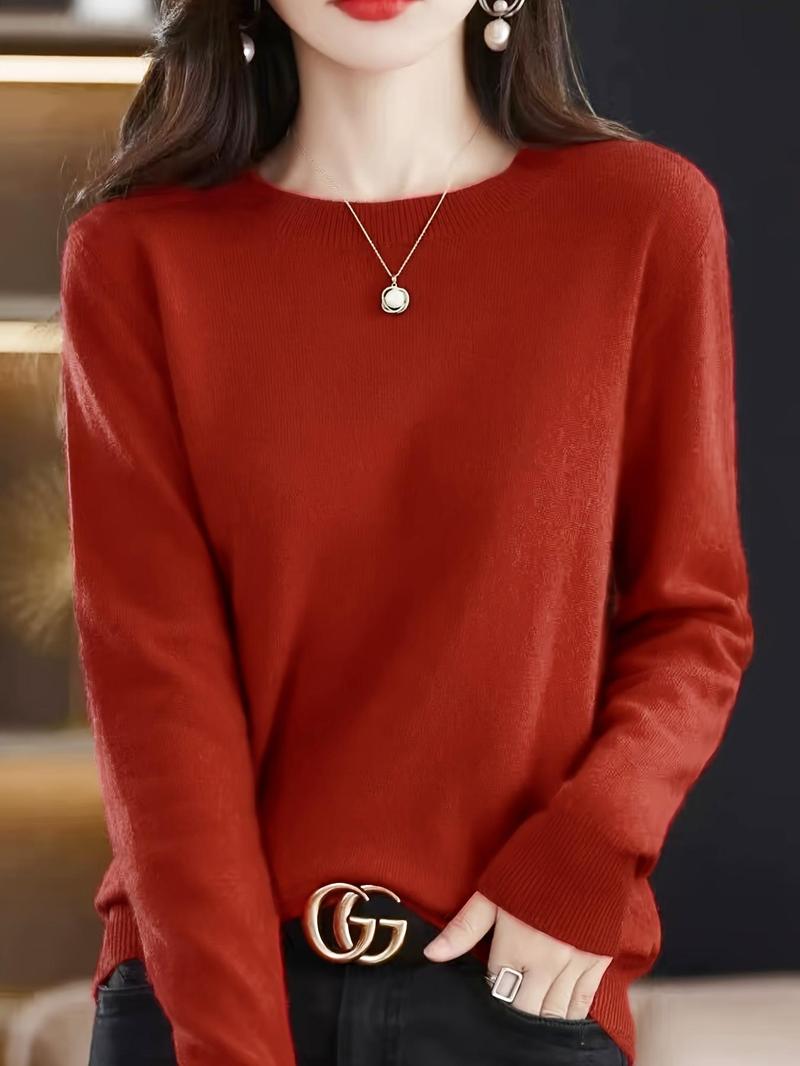 Women's Plain Round Neck Sweater, Casual Long Sleeve Crew Neck Jumper for Fall & Winter, Fashion Ladies' Knitwear for Daily Wear