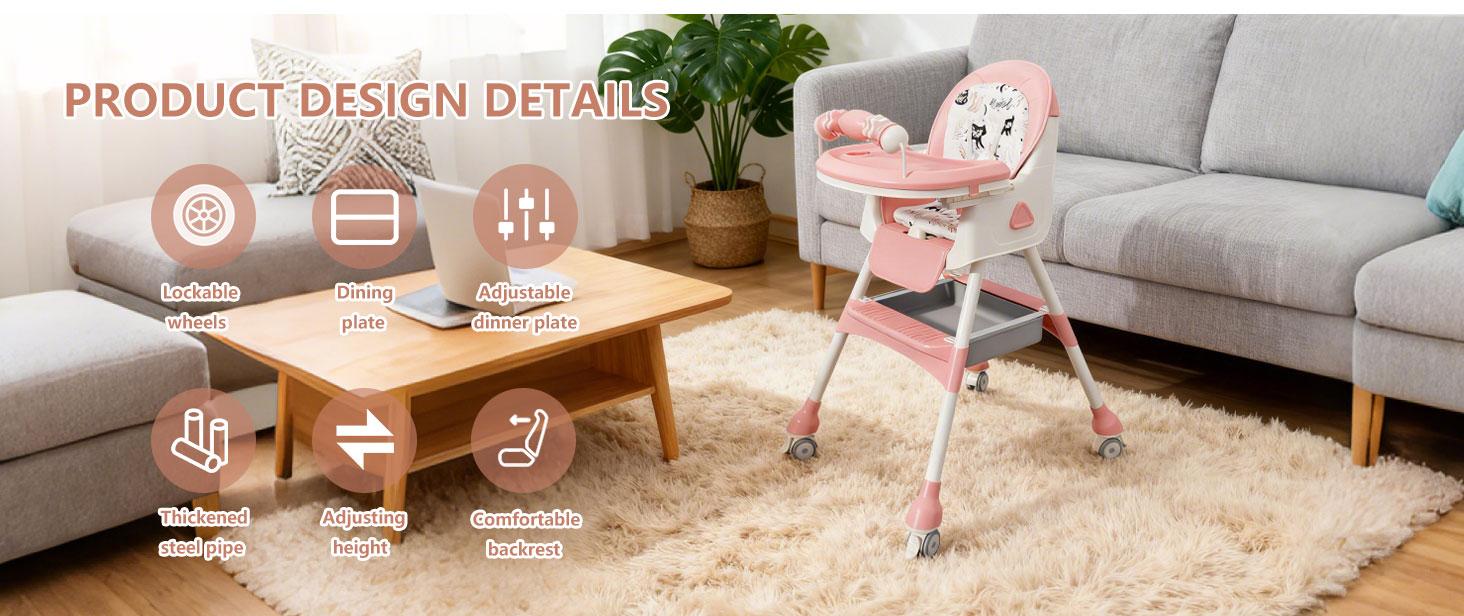 3-in-1 Adjustable Baby High Chair with Locking Wheels, Portable Highchair for Ages 6 Months to 3 Years, Multi-Functional Baby Seat, Rocking Chair, Booster Seat, Easy Folding