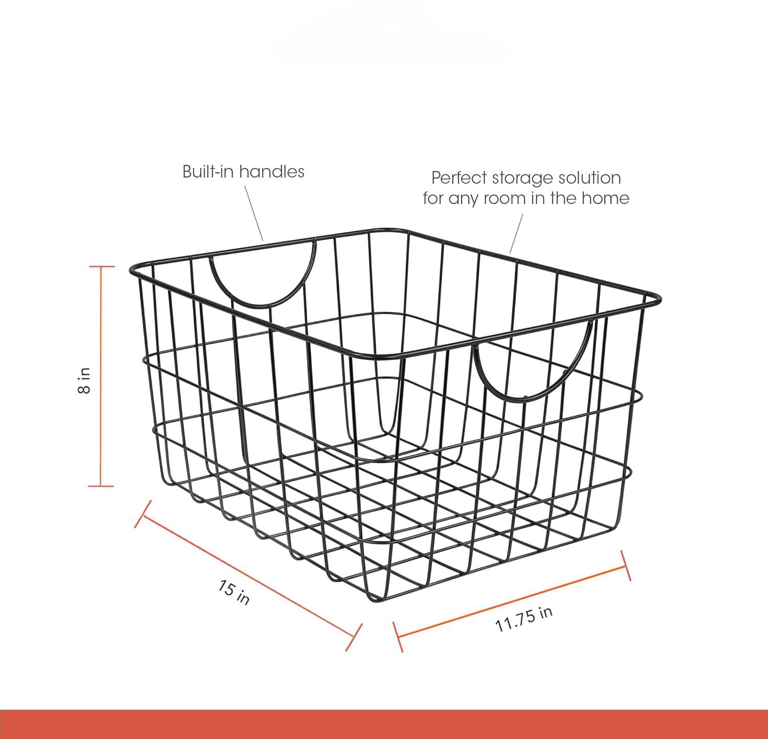 Large Wire Basket with Handle Black Metal Utility Storage Bin for Organizing Kitchen Pantry Cabinets Closet and Garage Shelves, Steel Metal Basket Storage Organizer Bin with Handle