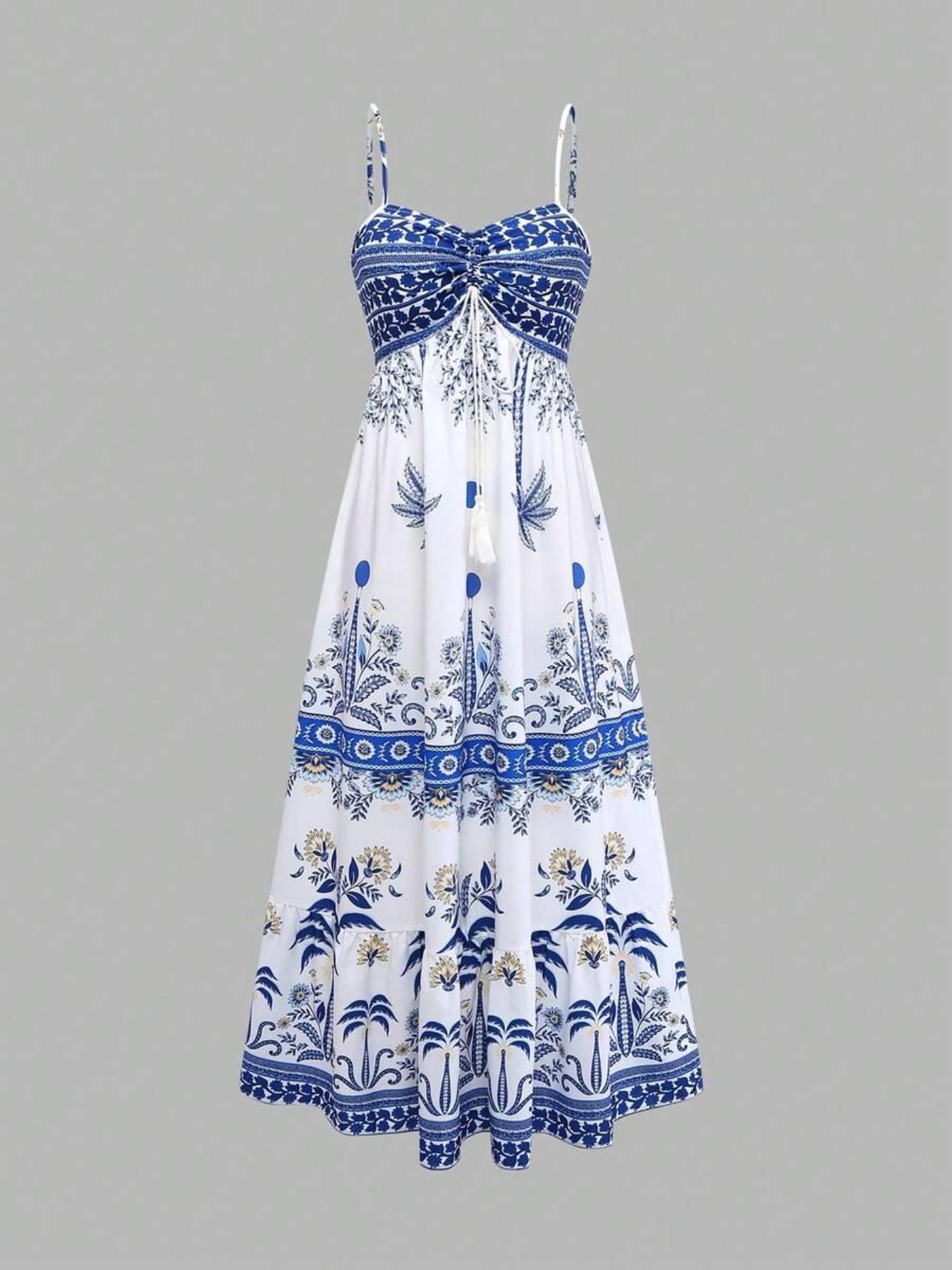 Women's Printed Thin Strap Tie Waist A-Line Dress, Elegant Casual Style, French Streetwear Vintage Look, New Summer Blue Sleeveless Long Dress, Dress For Summer