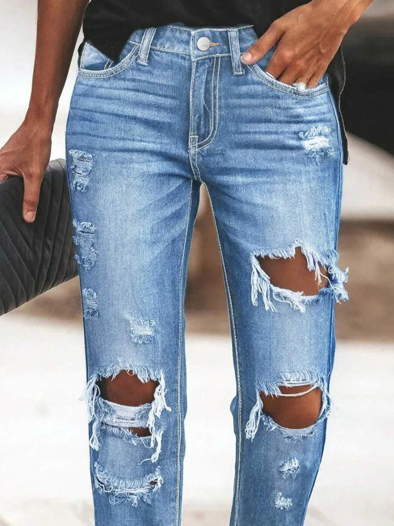 Women's Washed Denim Jeans Casual Fashion Ripped Slim Fit Straight Leg Pants Elastic Fabric All Seasons Versatile Date