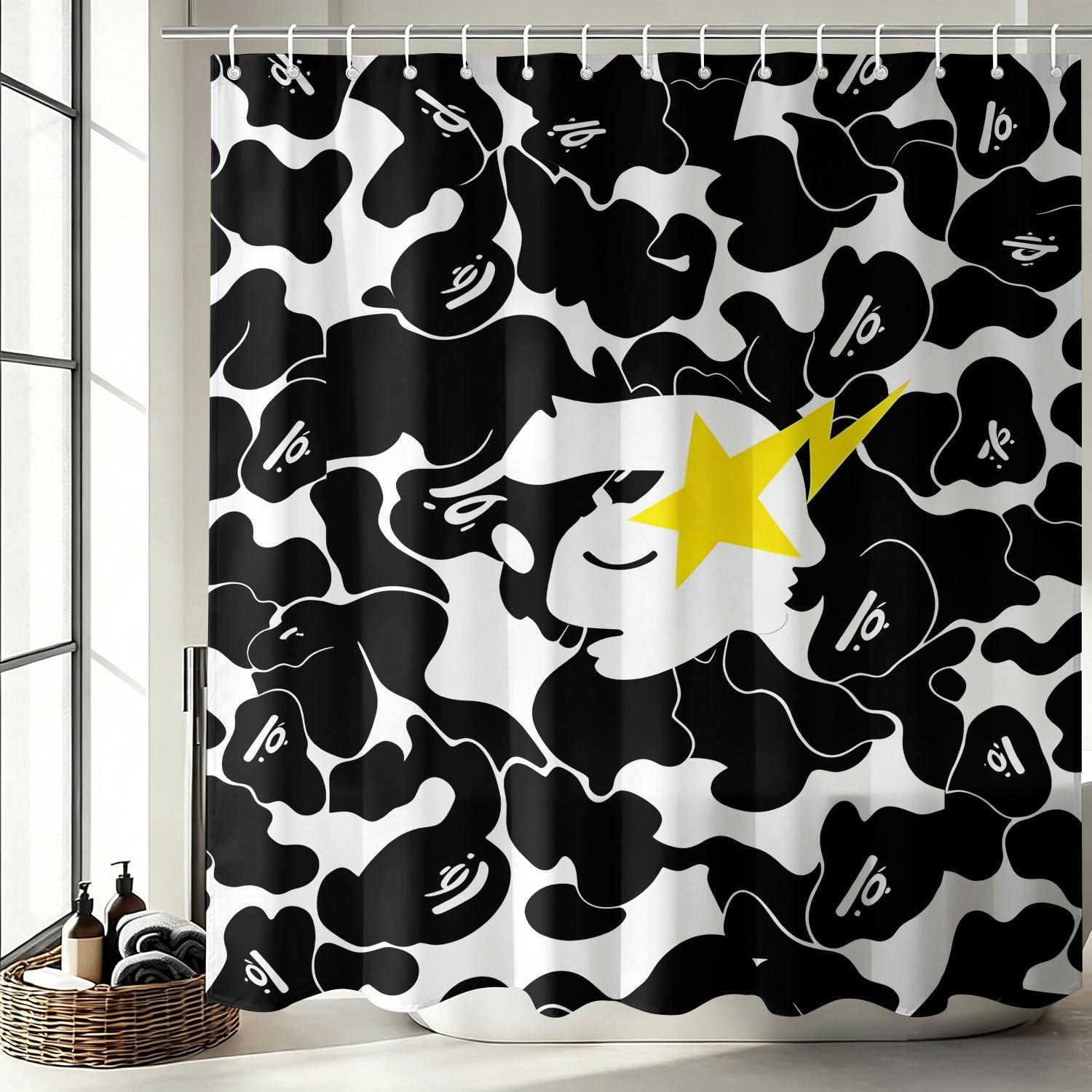 Black and White Camouflage Yellow Star Lightning Ape Head Print Aesthetic Shower Curtain, Waterproof Oxford 12 Hooks Easy Install, Privacy Bath Curtain, Streetwear Enthusiast Home/Dorm/Gaming Room Bathroom Decor