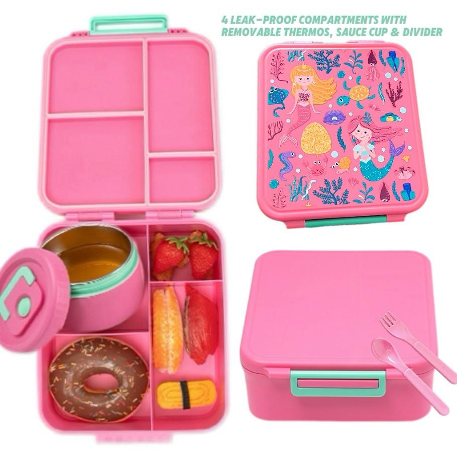 Cute Cartoon Bento Lunch Box with Soup Thermo, Kids Leakproof 4 Compartments, Insulated Food Jar for School Travel, Leak-Proof Bento Box with Spoon