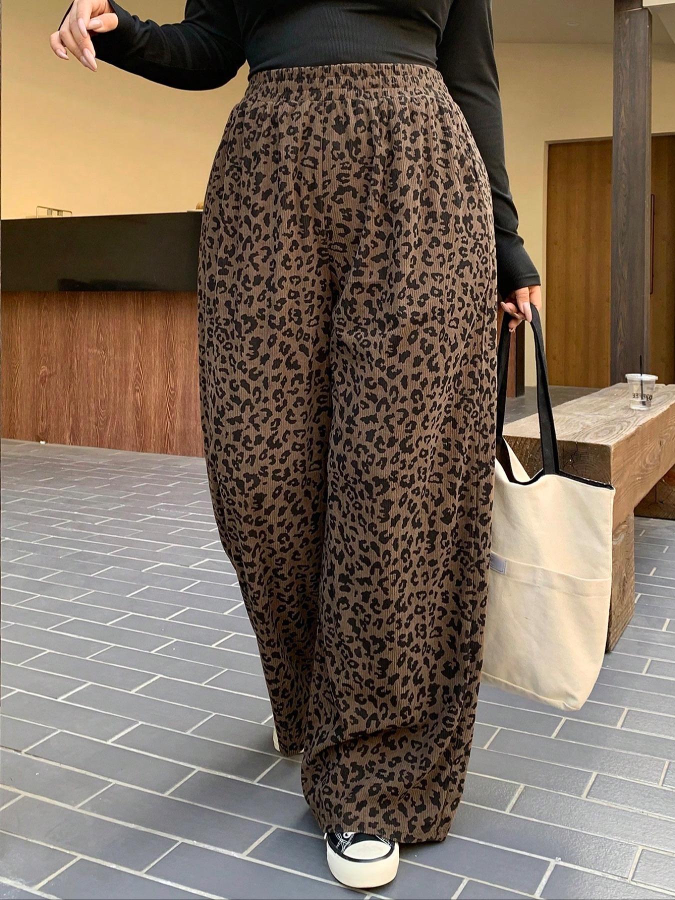 Women's Casual Elastic Waisted Leopard Print Corduroy Loose Fit Pants Bottom, Womenswear, Comfortable and Stylish, Perfect for Daily Wear, Everyday, All Season, Back To School Clothes Fall, Trouser, Casual Fashion Bottoms