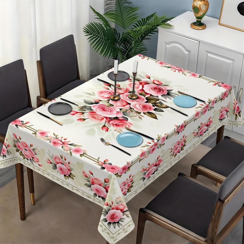 Rectangular Tablecloth with Pink Rose Floral Pattern, Polyester Material, Multiple Specifications Available, Multi - Color, Easy to Clean, Suitable for Daily Use, Festivals, Anniversaries, Warm Dining Area Style, Ideal for Home Decor