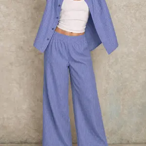 Women's Collared Nine-Quarter Sleeve Striped Open Front Shirt, Elastic Waist Wide Leg Pants Set, Casual Two-Piece Outfit Sets Women, Matching Clothing Set, Match Style Set