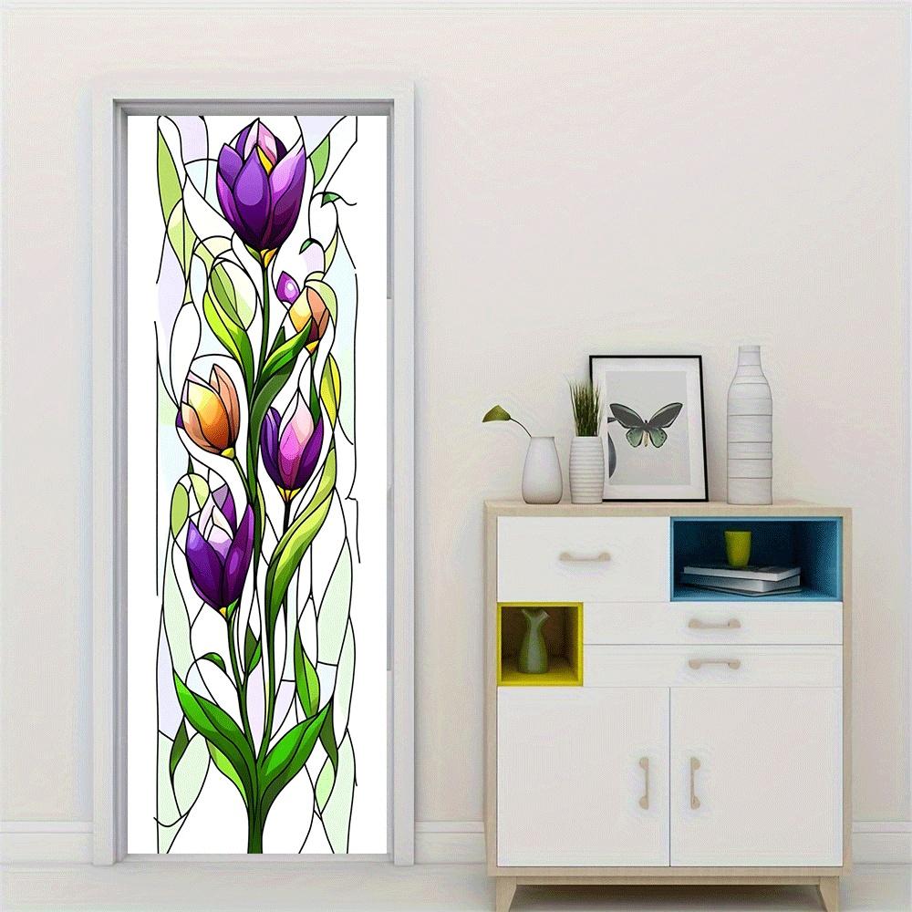 2pcs   Stained Glass Style Tulip Flower Wall Stickers for Home Decor Self Adhesive Removable Vinyl Decals for Living Room Bedroom Door Window Mural Art Decorations Purple Pink Green Floral Decor  C