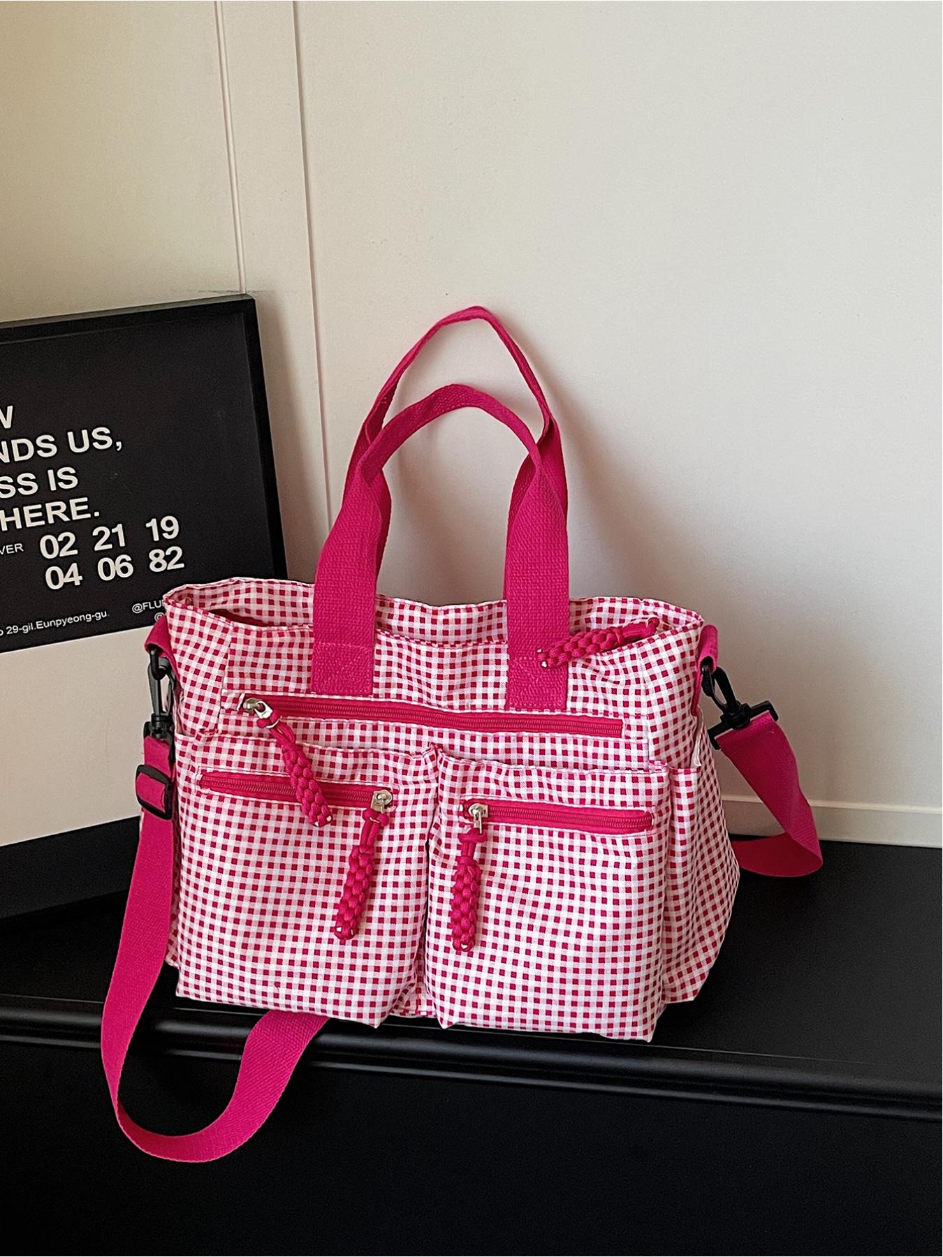 Large capacity plaid multi pocket tote bag, retro street style drawstring design, single shoulder bag, workwear style crossbody bag, adjustable shoulder strap, daily leisure, work, commuting, armpit bag