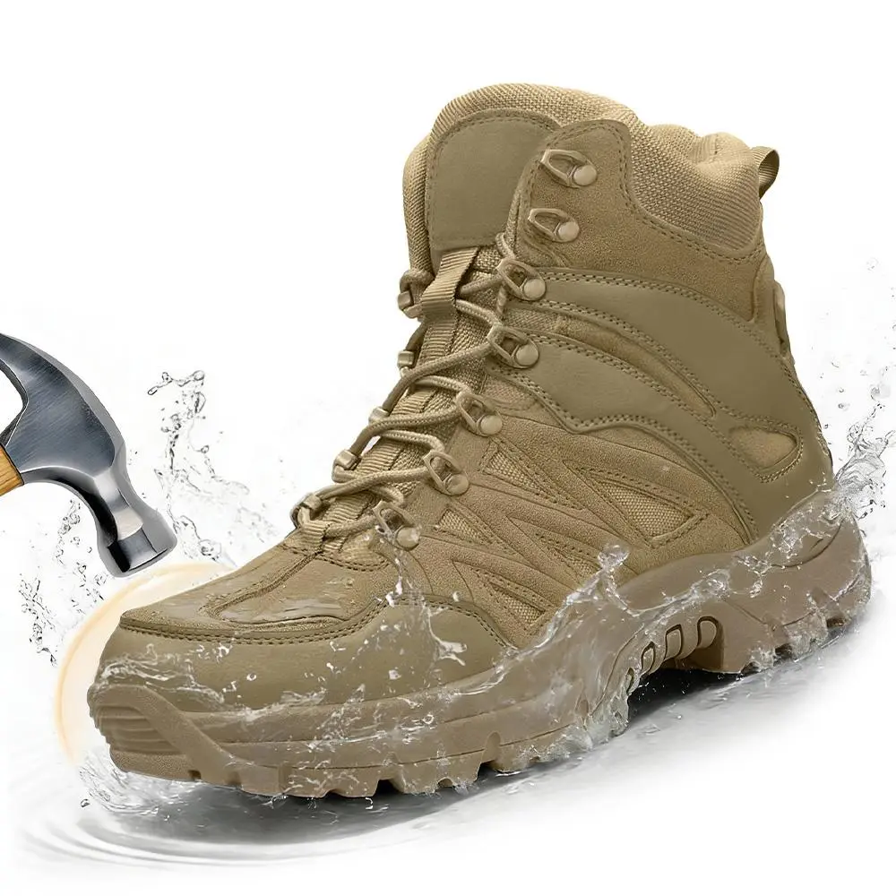 Steel Toe Boots for Men Zip Waterproof Tactical Boots Slip Resistant High Top Work Boots for Men Outdoor Hiking Work Puncture Durable Safety Boots Worker Footwear Closed Walking Shoes