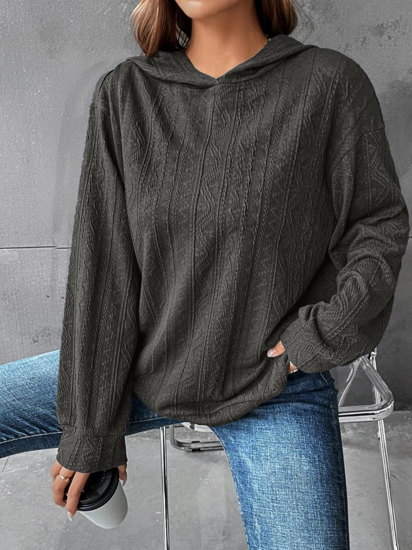 Plus Size Solid Color Hoodie Casual Long-Sleeve Hooded Sweatshirt, Casual Hooded Sweatshirts, Y2K Summer Daily Wear, Comfortable Relaxed Fit, Textured Knit Detail, Party Casual Wear