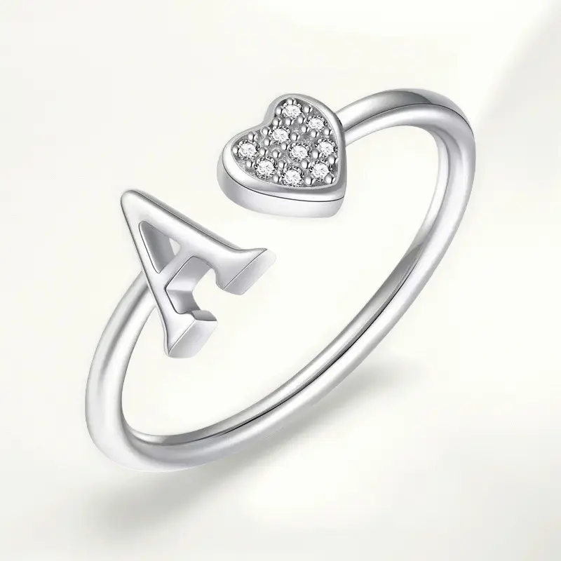 Personalized Initial Ring for Women, A-Z Heart Letter Ring with Cubic Zirconia, Adjustable Stackable Open Ring, Dainty Alphabet Jewelry, Cute Romantic Gift for Girlfriend, Birthday, Anniversary, Valentine's Day