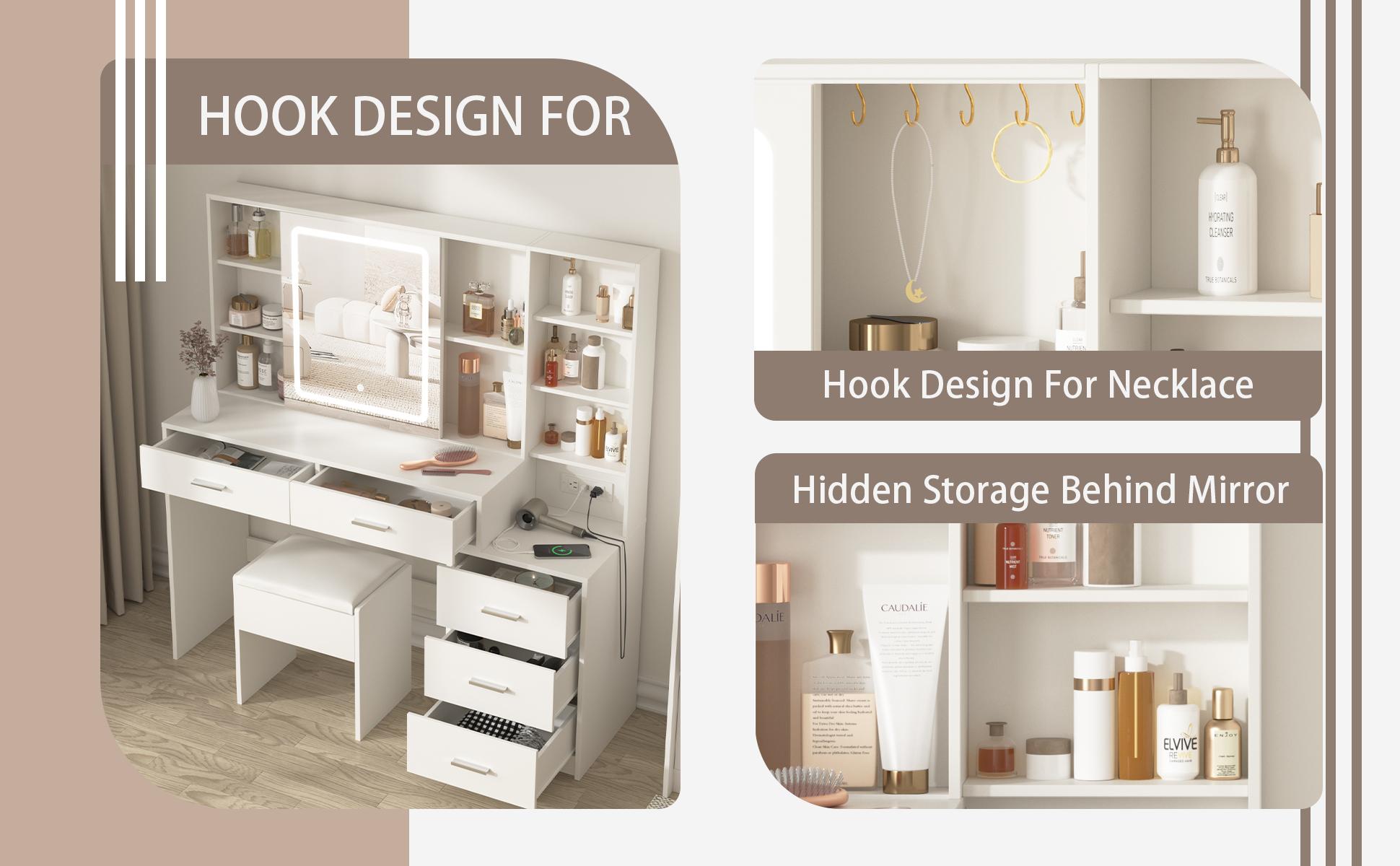 Vabches Vanity Desk with Mirror and Lights, White Vanity Table with 3 Color Lighting, Makeup Vanity Desk with Charging Station, 5 Drawer Storage, 5 Hooks, Hidden and Open Shelves
