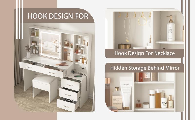 Vabches Vanity Desk with Mirror and Lights, White Vanity Table with 3 Color Lighting, Makeup Vanity Desk with Charging Station, 5 Drawer Storage, 5 Hooks, Hidden and Open Shelves