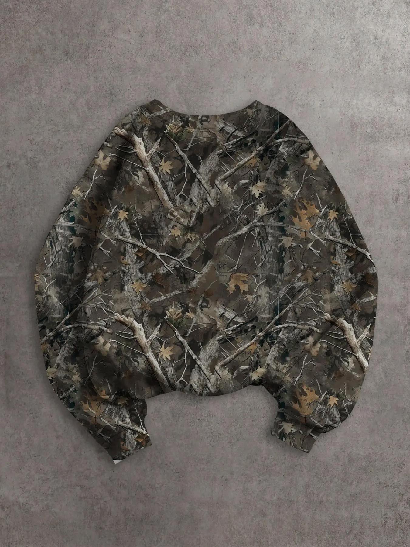 Vintage Y2K Men's Forest Tree Graphic Long Sleeve Top, Casual Thin Smooth Knit Wind Resistant Stretch Pullover Multi Retro Racing Sport Prints Chicago Sleeve Logo Branding Loose Drop Shoulder Camouflage Top