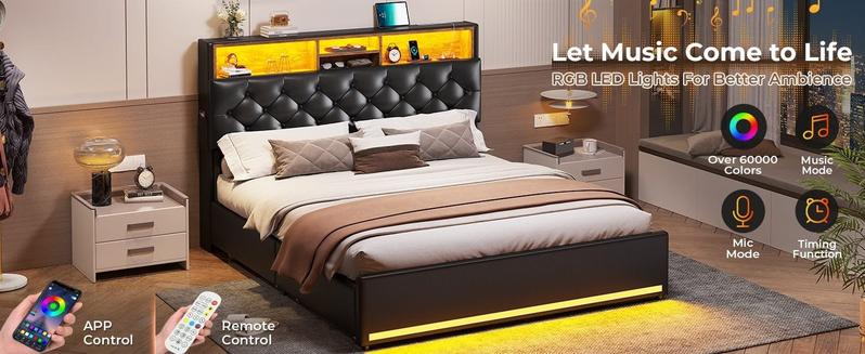 Sikaic Upholstered Platform Bed Frame with LED Lights & Charging Station Hidden Storage Headboard and 4 Drawers PU Black Modern Unique Furniture