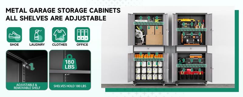 Letaya Metal Garage Storage Cabinet with Wheels, 72” Rolling Tool Cabinet, 4 Door Locks, Adjustable Shelves & Drawer for Home Office Utility Room Furniture Lockable