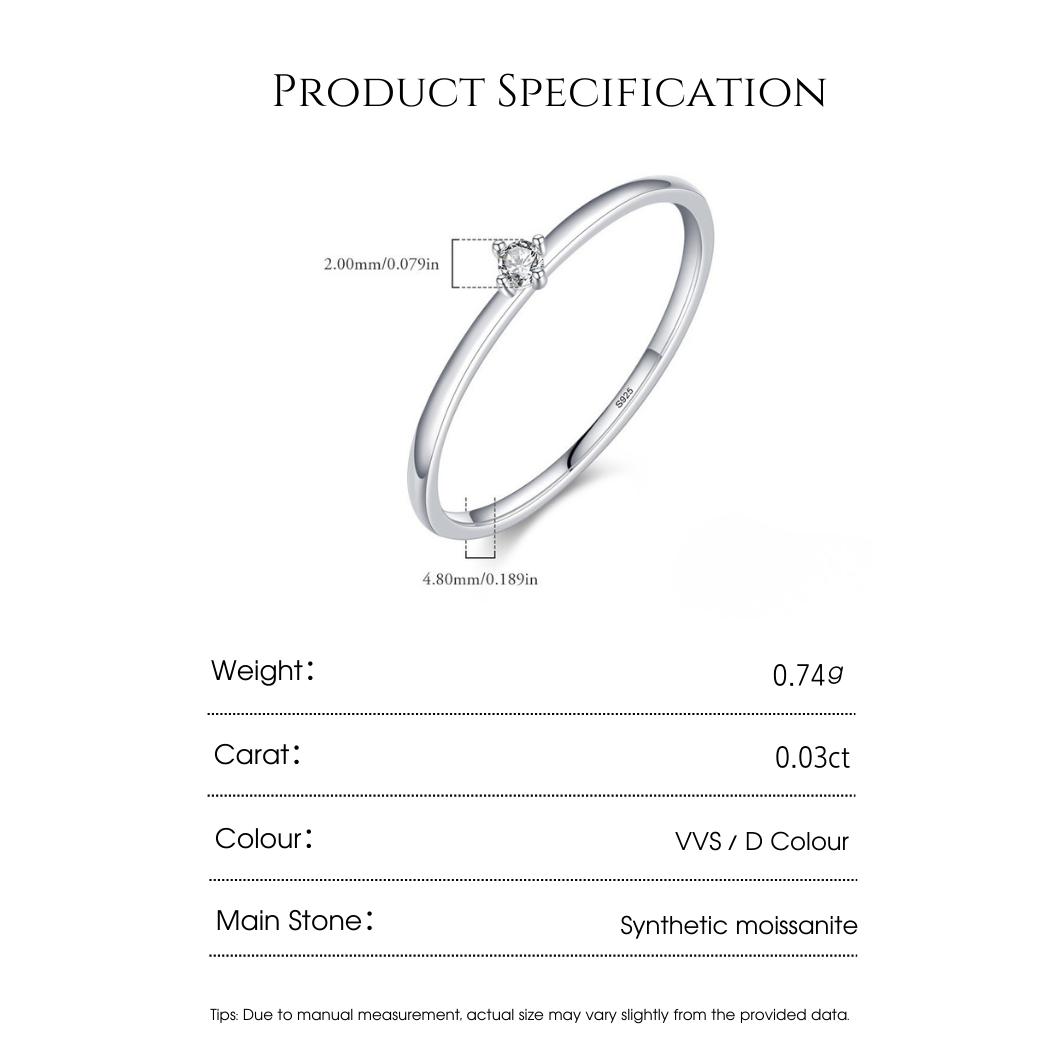 DRINSPER Solitaire S925 DVVS Synthetic Moissanite Sterling Silver Ring for Women Girls Classic Simple Versatile Stacking Layering Ring Suitable for Daily Wearing Jewelry Gift for Girlfriend Mom