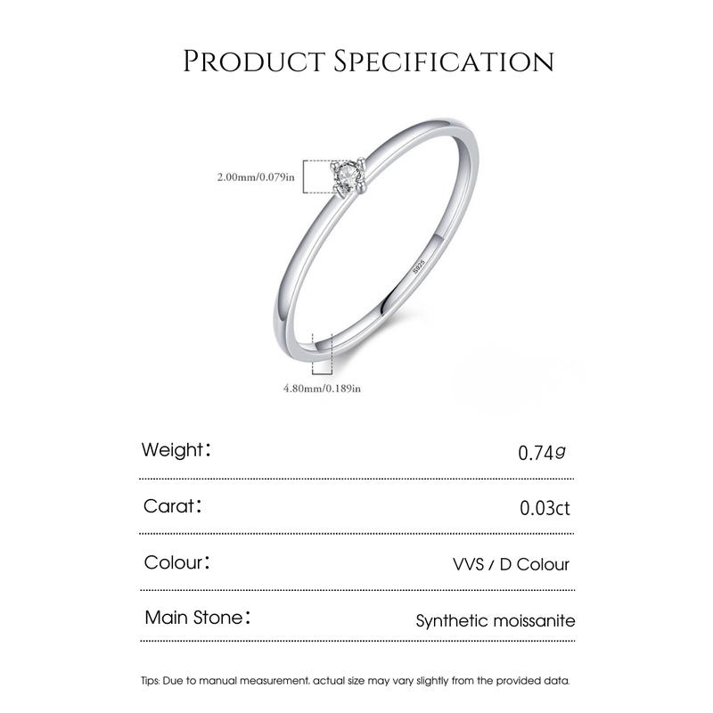 DRINSPER Solitaire S925 DVVS Synthetic Moissanite Sterling Silver Ring for Women Girls Classic Simple Versatile Stacking Layering Ring Suitable for Daily Wearing Jewelry Gift for Girlfriend Mom