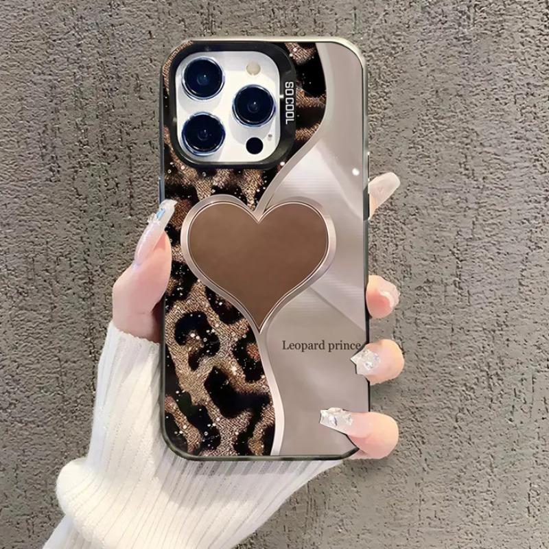 Leopard Heart Patchwork Hard Case Protection Phone Cover Accessories, Compatible with iPhone 17 Pro Max, 17 Air, iPhone 16-11 Pro Max, X, XR, XS Max, 7, 8 Plus, Se