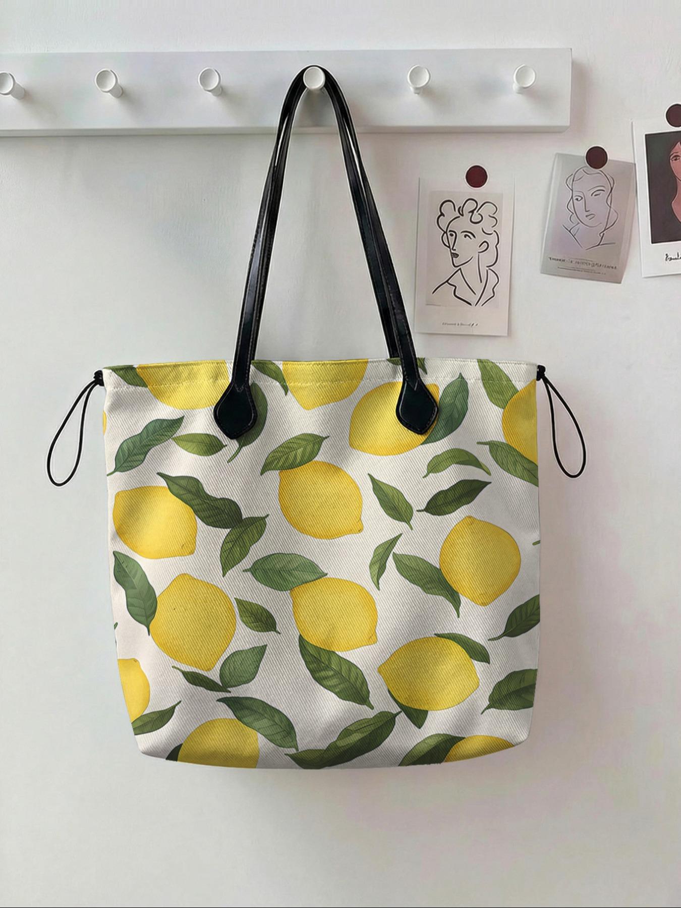 Lemon Pattern 2D Printed Drawstring Tote Bag, Large Capacity Shopping Bag, Durable and Wear-Resistant, Ideal for Work, Shopping, Picnic