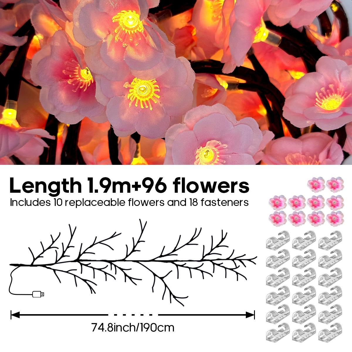 96led Cherry Blossom Tree Light, DIY Realistic Sakura Bedroom Decor Lamp, Party Restaurant Wall Decoration, Wedding Holiday Xmas Home Ambiance