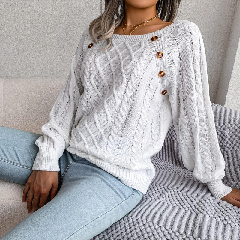 Sweaters for Women Oversized Crewneck Long Sleeve Casual Knit Pullover in Cable Knit Pattern, Solid Color, Fashionable & Elegant Tops White cardigan Skirts Drop Shoulder