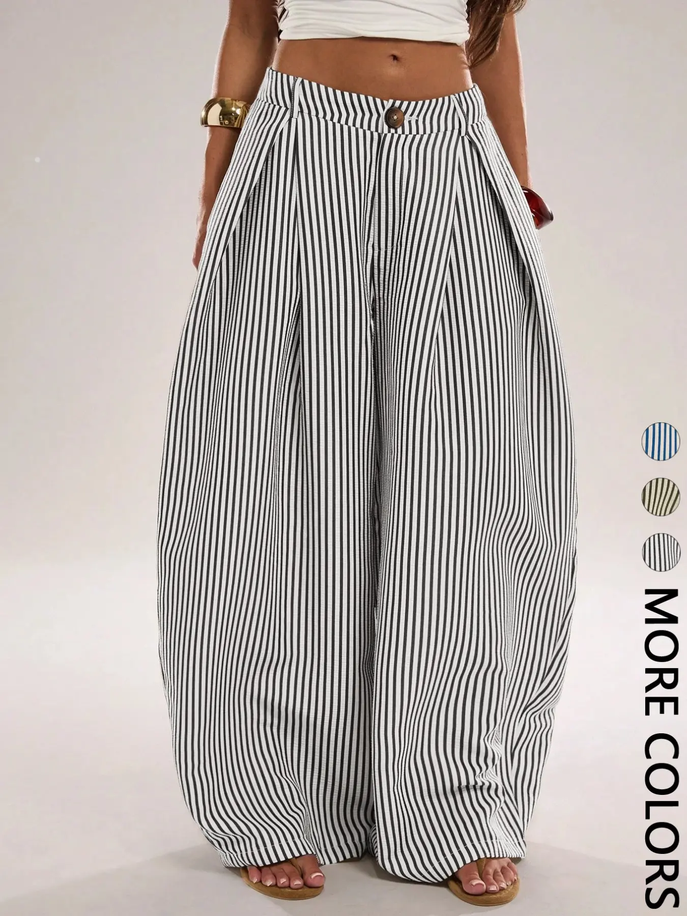 High-Waisted Buttoned Waist Pleated Wide-Leg Casual Pants, Loose-Fit Striped Trousers for All Seasons, Comfortable Daily Wear