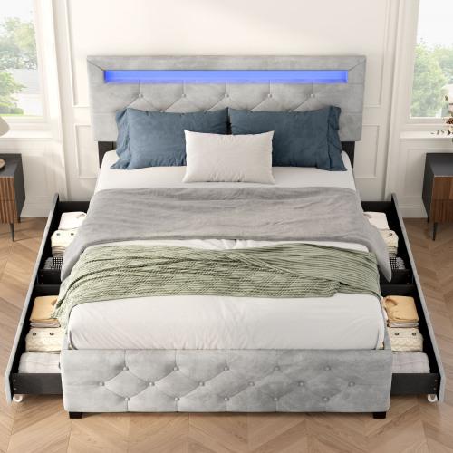 [Bellemave]Full/ Queen Size Upholstered Platform Storage Bed Frame with 4 Drawers and LED Light,No Box Spring Needed