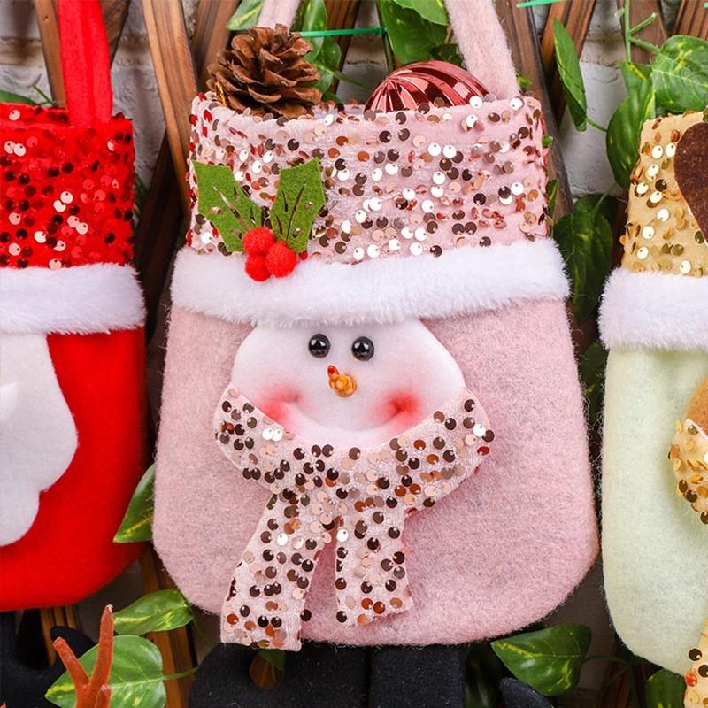 Glitter Gift Bag Christmas Santa Snowman Handbag, Candy Bag, Apple Bag, Fabric Material, Perfect for Holidays, Festive Packaging